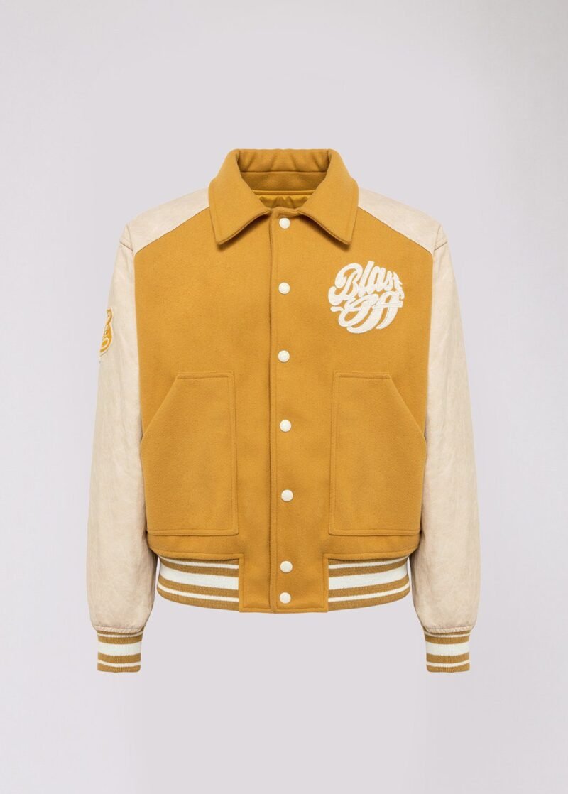 Blast Off Yellow & White Wool & Leather Varsity Jacket