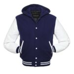 Blue And White Wool And Leather Hooded Jacket