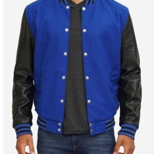 Blue Varsity Jacket With Black Leather Sleeves