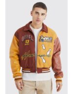 Boxy Spliced Melton & Pu Varsity Jacket