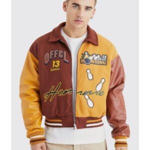 Boxy Spliced Melton & Pu Varsity Jacket