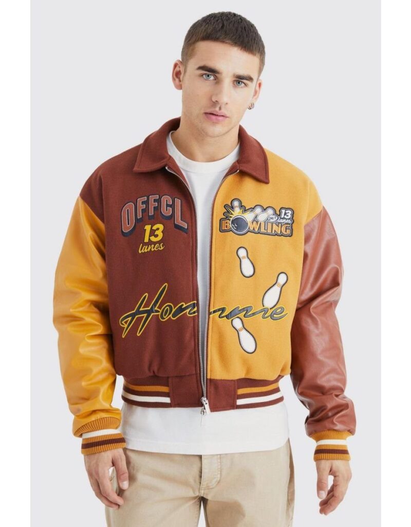 Boxy Spliced Melton & Pu Varsity Jacket