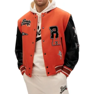 Bright Orange X Russell Athletic Logo Patches Varsity Jacket