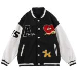 Broken Heart Black And White Embroidery Varsity Jacket