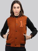Brown And Black Printed Mock Collar Varsity Jacket