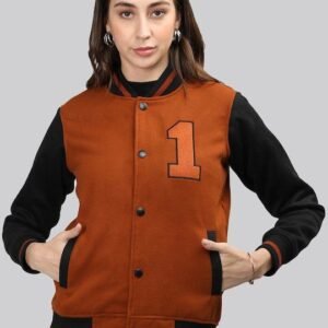 Brown And Black Printed Mock Collar Varsity Jacket