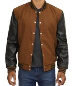 Brown Varsity Jacket With Black Leather Sleeves