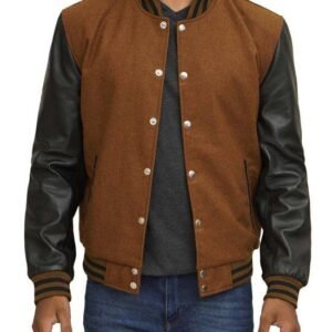 Brown Varsity Jacket With Black Leather Sleeves