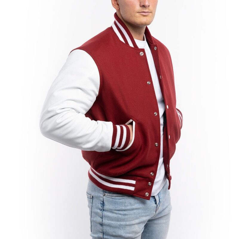 Cardinal Red And White Wool And Leather Varsity Jacket