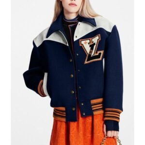 Cashgora Lv Navy Blue Wool Varsity Jacket