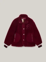 Crest Faux Fur Relaxed Maroon Varsity Jacket