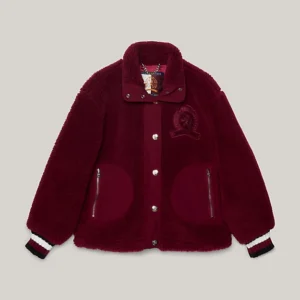 Crest Faux Fur Relaxed Maroon Varsity Jacket