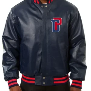 Detroit Pistons Navy Blue Leather Jacket