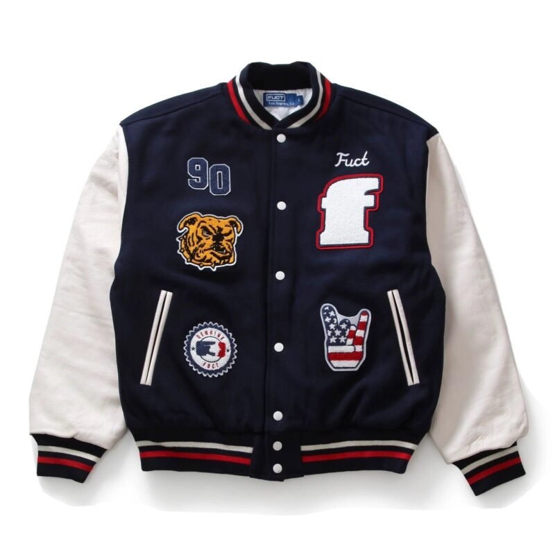 Fuct Navy Blue And White Wool And Leather Varsity Jacket