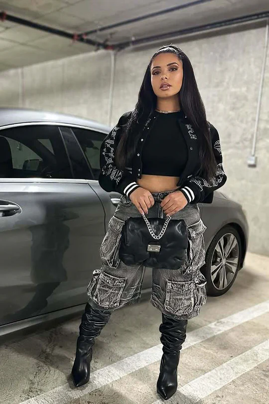 Gianni Black Crop Rhinestone Varsity Jacket Gianni Black Crop Rhinestone Varsity Jacket