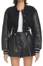 Givenchy Black Leather Sleeve Logo Crop Varsity Jacket