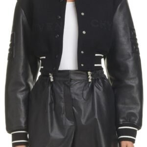 Givenchy Black Leather Sleeve Logo Crop Varsity Jacket