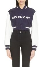Givenchy Navy Blue & White Leather Sleeve Logo Crop Varsity Jacket