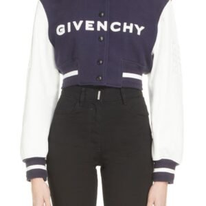 Givenchy Navy Blue & White Leather Sleeve Logo Crop Varsity Jacket