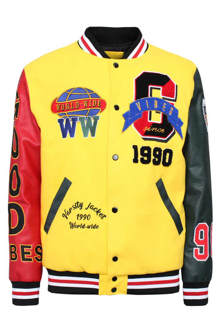 Good Vibes Worldwide Yellow Black And Red Varsity Jacket Good Vibes Worldwide Yellow Black And Red Varsity Jacket