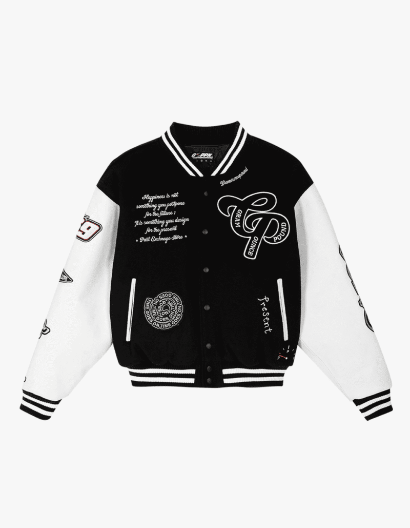 Gram-Ounce-Pound-Black-And-White-Varsity-Jacket.png Gram Ounce Pound Black And White Varsity Jacket