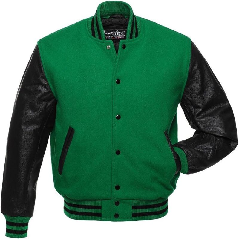 Green-And-Black-Wool-And-Leather-Varsity-Jacket.jpg Green And Black Wool And Leather Varsity Jacket