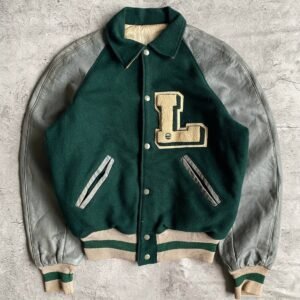 Green And Grey Wool And Leather L Letterman Jacket
