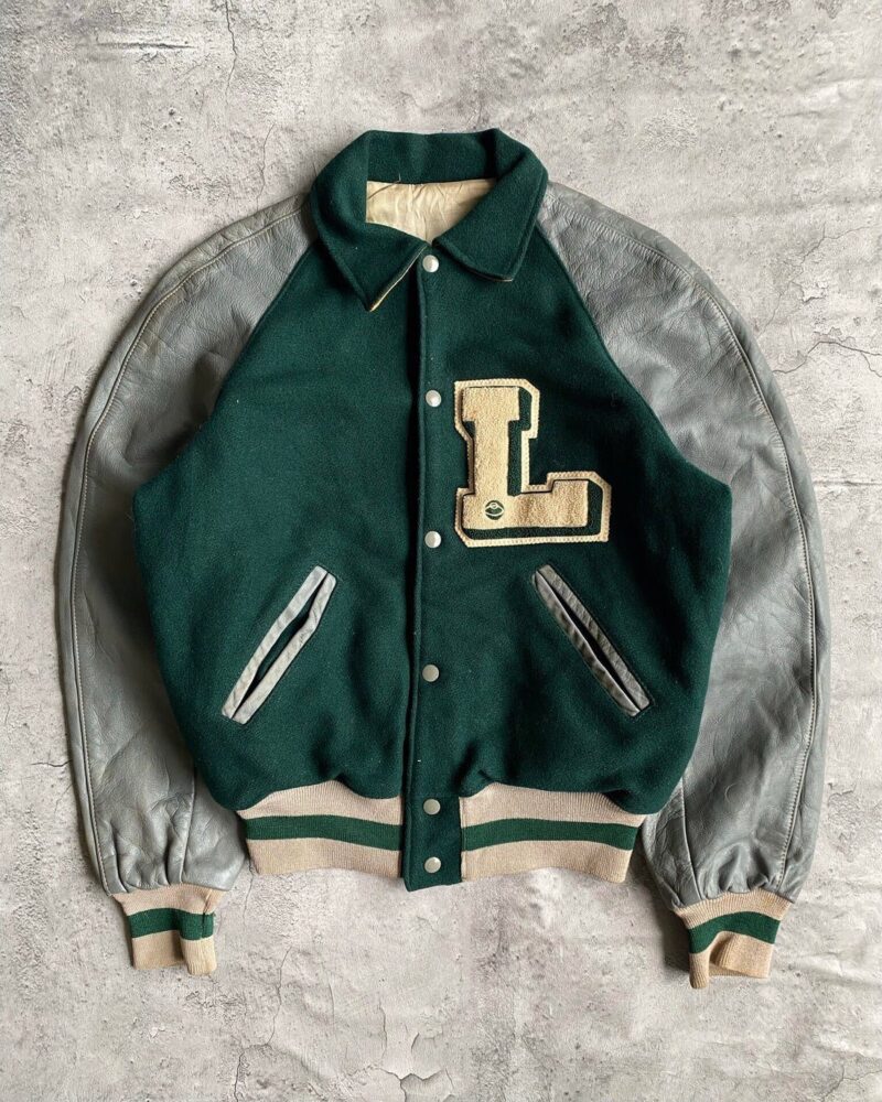 Green-And-Grey-Wool-And-Leather-L-Letterman-Jacket.jpg Green And Grey Wool And Leather L Letterman Jacket