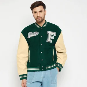Green Woollen Faux Leather Letterman Varsity Jacket