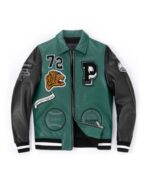 Green-black Patched Splicing Genuine Leather Varsity Jacket