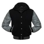 Grey And Black Wool And Leather Hooded Jacket