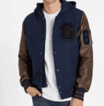 Guess Los Angeles Navy Blue And Brown Letterman Jacket