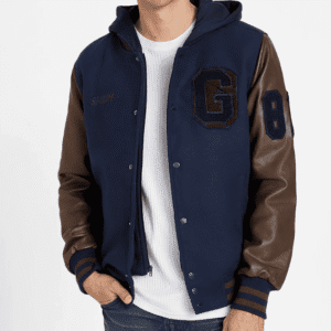 Guess Los Angeles Navy Blue And Brown Letterman Jacket