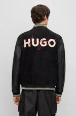 Hugo Black Suede With Leather Sleeves Varsity Jacket