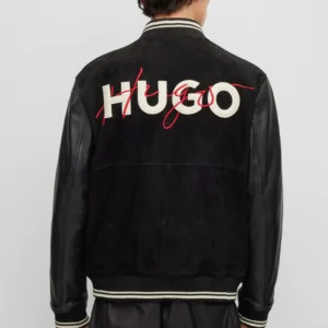 Hugo Black Suede With Leather Sleeves Varsity Jacket