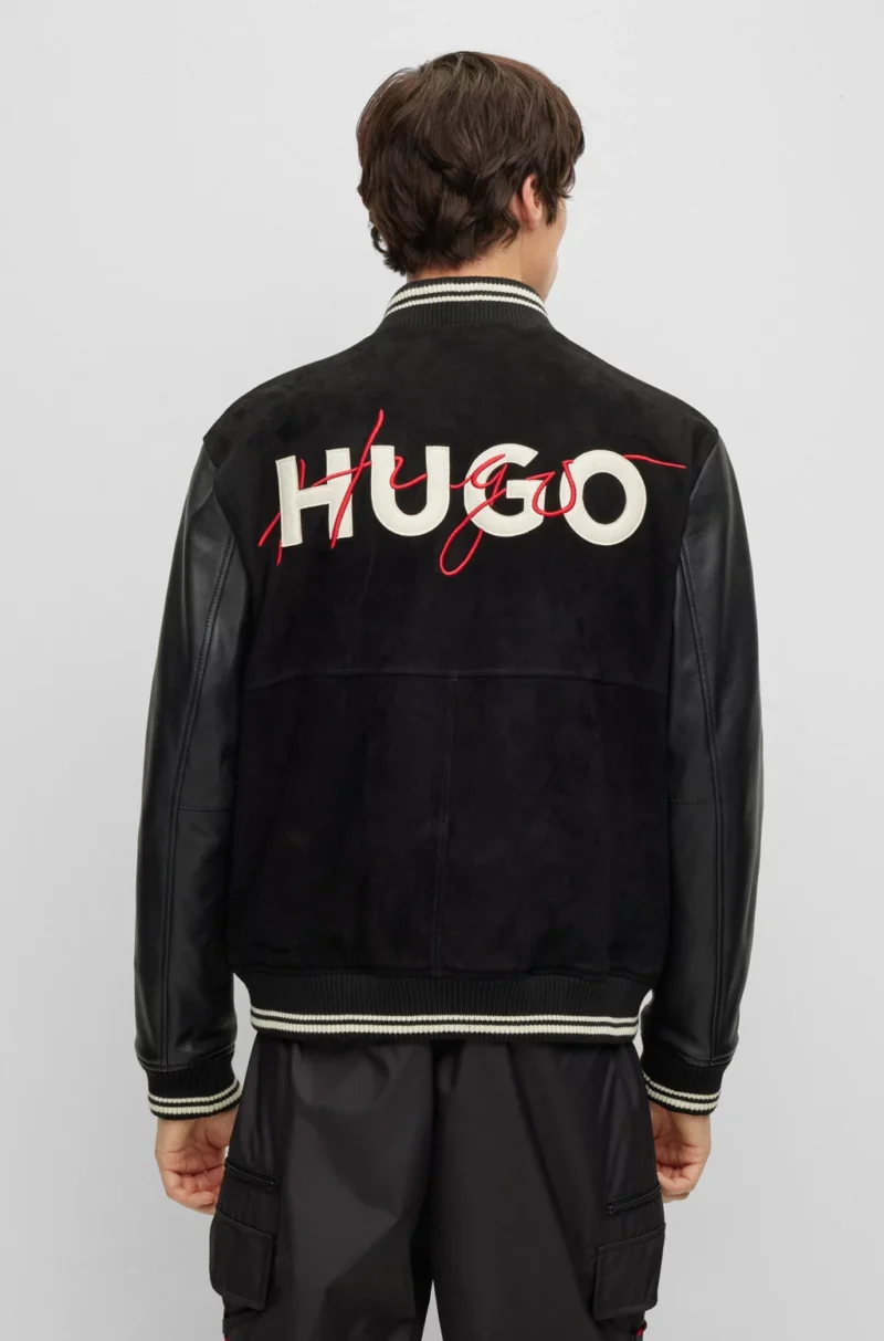 Hugo Black Suede With Leather Sleeves Varsity Jacket