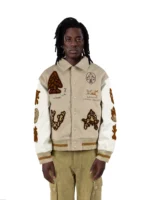 Hunting Oat Silver And White Wool Varsity Jacket