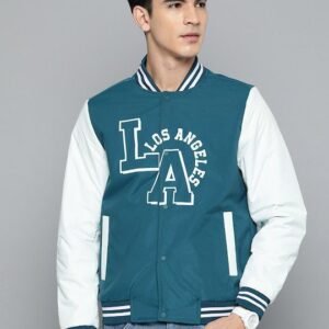 La Blue And White Printed Varsity Jacket