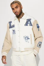 La Patchwork Cream And Beige Varsity Jacket