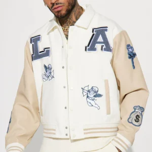 La Patchwork Cream And Beige Varsity Jacket