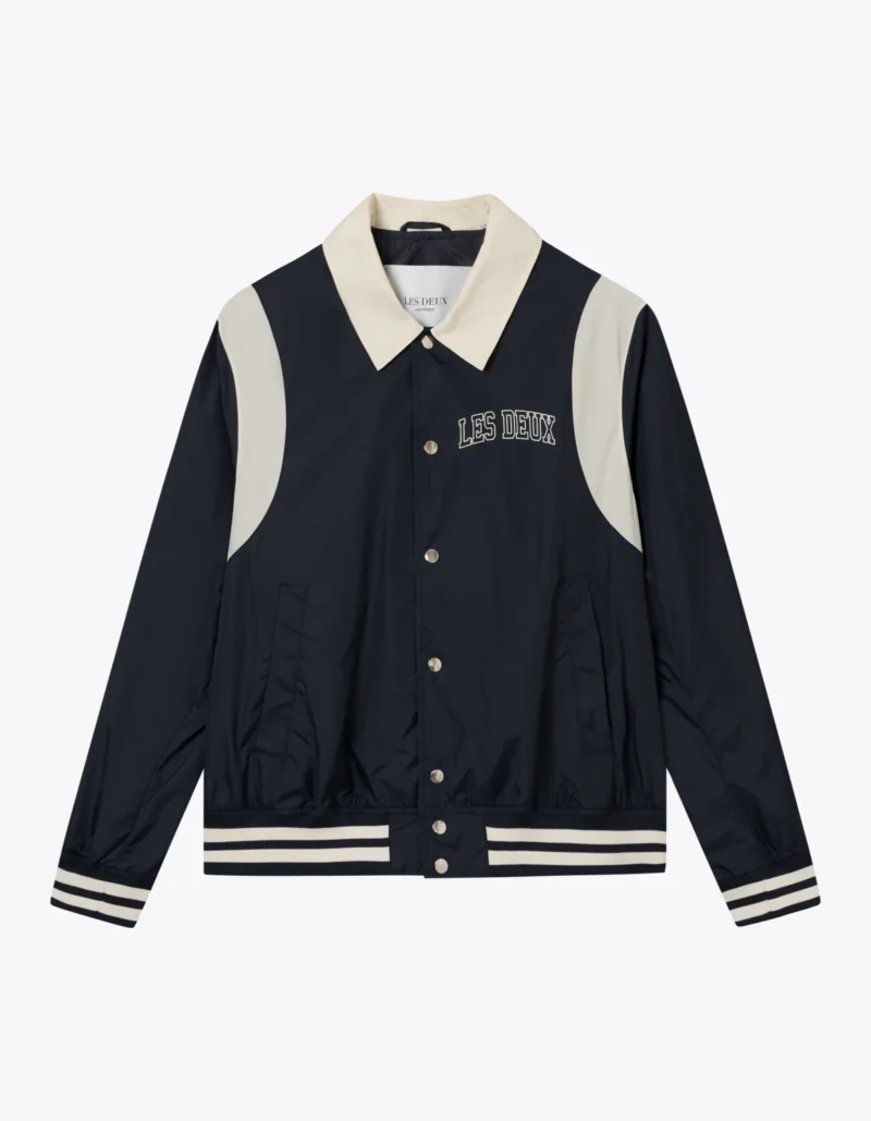 Les Deux Dark Navy Varsity Nylon Jacket Sleek Minimalism Meets Classic Varsity Style