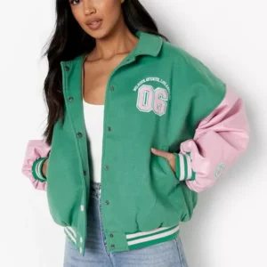 Los Angeles Green And Pink With Contrast Sleeve Varsity Jacket