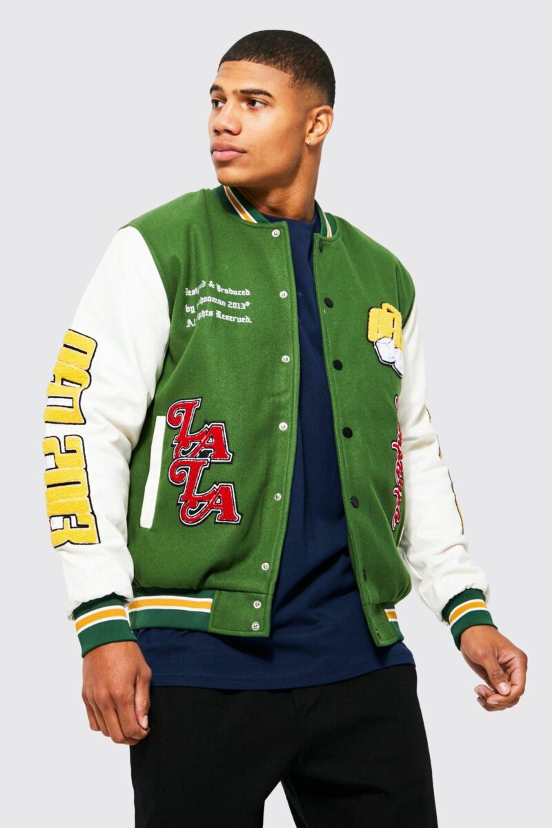 M Deck Of Card Back Applique Green Varsity Jacket