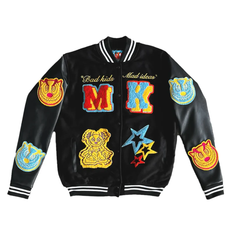 Madkids Black Wool And Leather Letterman Jacket
