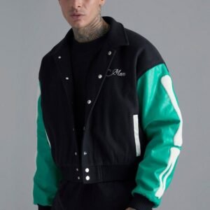 Man Fit Skeleton Black And Green Varsity Jacket
