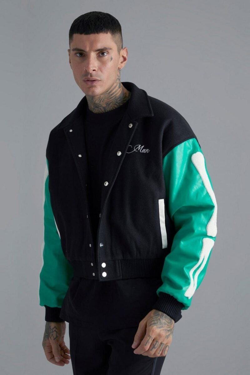Man Fit Skeleton Black And Green Varsity Jacket