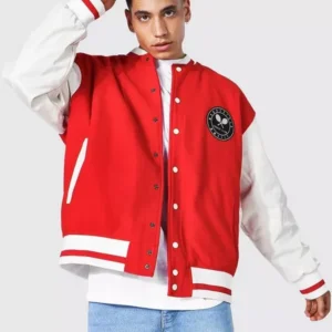 Man Official Red And White Wool And Leather Varsity Jacket