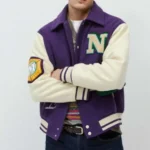 Man Purple Wool Varsity Letterman Jacket