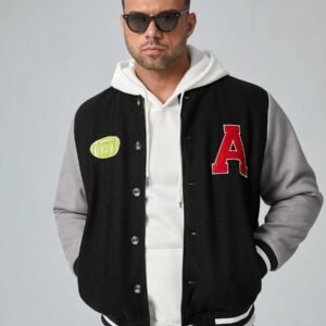 Manfinity Men Plus Letter Patched Striped Trim Varsity Jacket