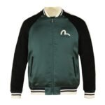 Men Green Embroidered Seagull Cloud Evisu And Deer Bomber Jacket